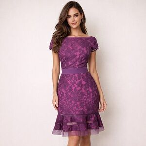 Tadashi Shoji Plum Floral Lace knee length fit and flare Dress Sz s